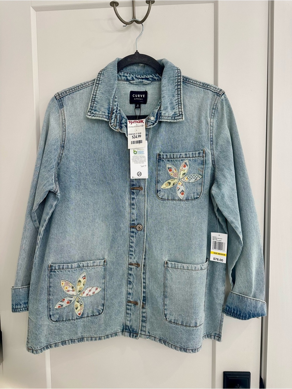 Curve Light Blue Denim Jacket with Embroidered Floral Patches